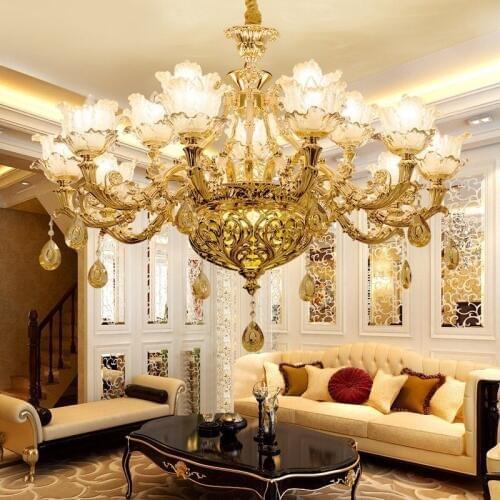 New European style living room crystal chandelier zinc alloy bedroom lamp gold hollow LED restaurant lighting