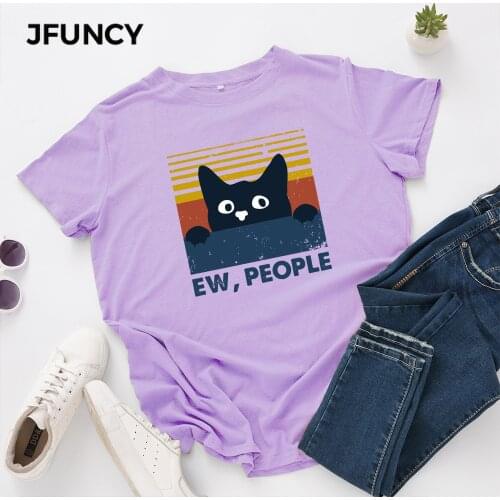 JFUNCY Cute Cat Print Women Oversized T-shirts Plus Size Short Sleeve Casual Loose Woman Tee Tops Female Summer Cotton Tshirt