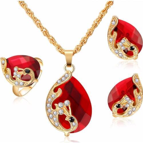 Fresh Red Jewelry Sets Water Drop Cubic Zirconia CZ Stone Silver Color Earrings Necklaces Finger Rings