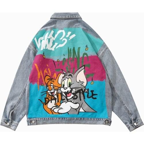 New Denim Jacket Mens Back Cartoon Print High Street Clothing Harajuku Graffiti Anime Loose Retro Plaid Punk Rock Jacket