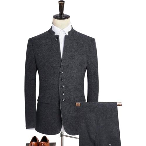 Mens Blazers Winter Chinese Business Casual Woolen Thick High End Stand Collar Suit 2 Pieces Sets Coat Pants Trousers Jacket