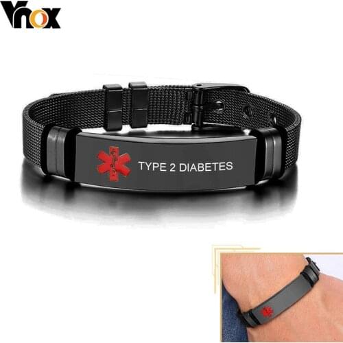 Vnox Personalized Engrave Medical Alert ID Bracelets for Men, Black Stainless Steel Male Wristband Jewelry, Length Adjustable