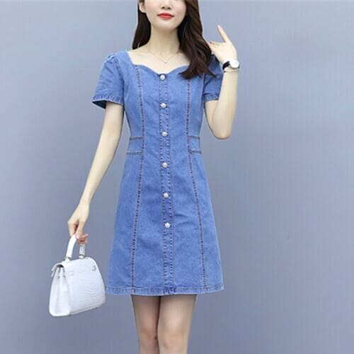 New Summer Style Women Dresses Solid Square Collar Collect Waist Slim Single Button Jeans Dress For Females Denim One-Piece