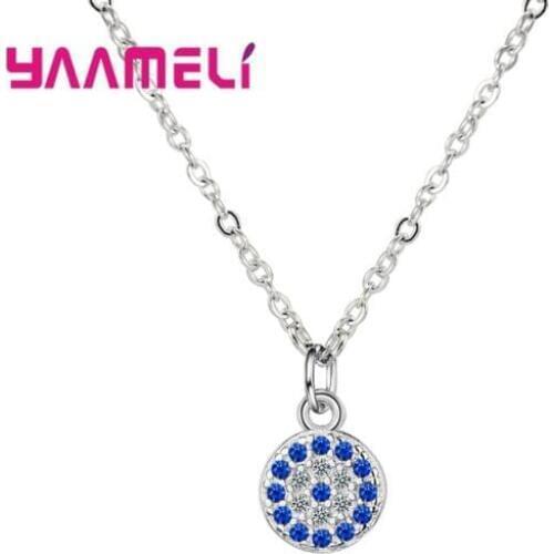 New Arrivals Women Fashion Blue Color Small Round Pendant Necklace 925 Sterling Silver AAA Cubic Zirconia Neck Jewelry