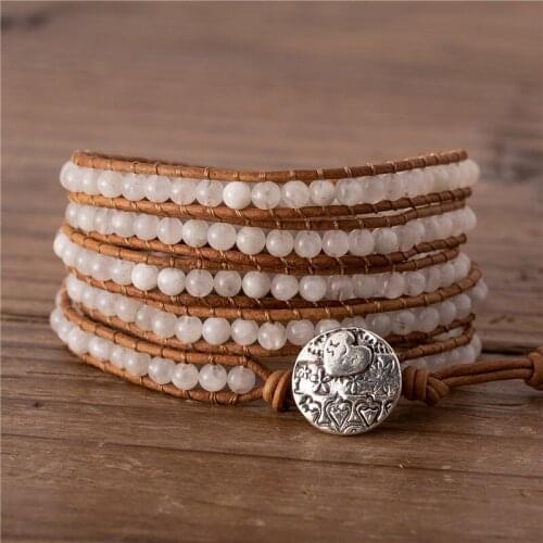 Handmade White Moon Stone Beads Wrap Bracelet Boho 5 Strands Gemstones Leather Bracelet Girl Jewelry Friend Gift Dropshipping