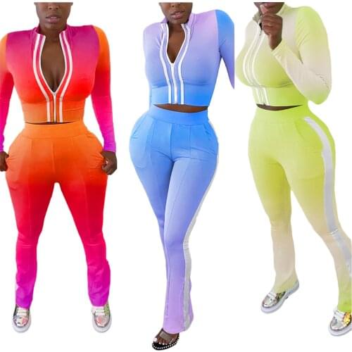 Autumn Winter Gradient Color Deep V-neck Full Sleeve Skinny Crop Top and Bodycon Pants Womens Tracksuit Sportwear Matching Sets