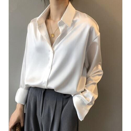Autumn Fashion Button Up Satin Silk Shirt Vintage Blouse Women White Lady Long Sleeves Female Loose Street Shirts