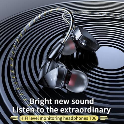3.5mm Dynamic In-Ear Wired Headset T06 Quad-Core Dual-Motion HiFi Heavy Bass High-Fidelity Music Sport Earphone With Mic
