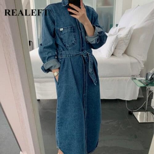 REALEFT 2021 New Spring Autumn Denim Trench Dresses Single Breasted Loose Jeans Sashes Female Classic Blue Cowboy Dress Pocket
