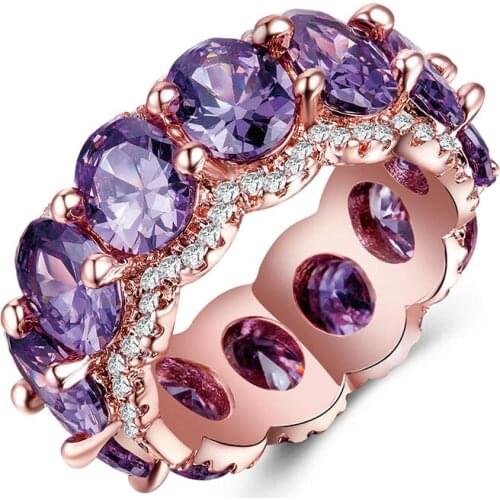 Luxury Large Red Stone Crystal Around Rings for Women Girl Anniversary Romantic Wedding Engagement Rose Gold Color Rings