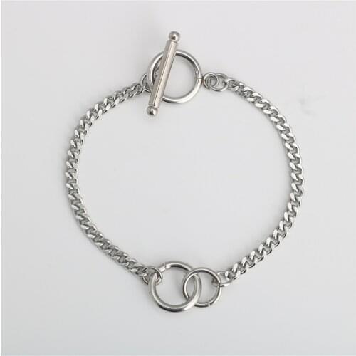 Punk Vintage Stainless Steel Link Chain Bracelets Silver Color Double Rings Connector Bracelet For Women Men Party Jewelry