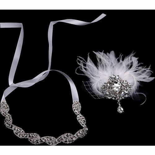 Vintage Flapper Feather Diamante Rhinestone Headband Hair Band 1920s White