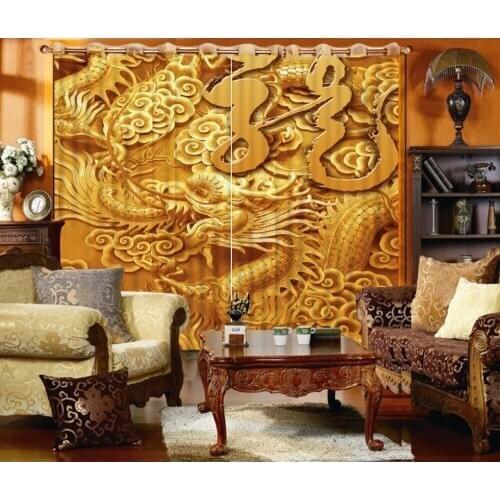 Curtain Fabrics Home Bedroom Decoration Custom Any Size 3D Curtain Golden Dragon Sculpture Curtains For Bedroom 3D Curtains