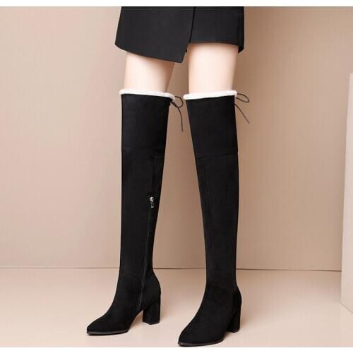 Pointed thick heel over knee boots for women winter new thin elastic boots with plush high heel thigh high leather boots