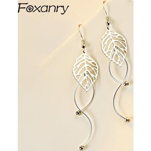 Foxanry 925 Sterling Silver Hollow Leaves Earrings for Women Fashion Elegant Long Wave Tassel Party Jewelry Gift Prevent Allergy