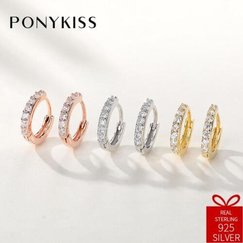 PONYKISS Trendy 100% 925 Sterling Silver Zircon Geometric Hoop Earrings For Women Party Fashion Accessory Delicate Jewelry Gift