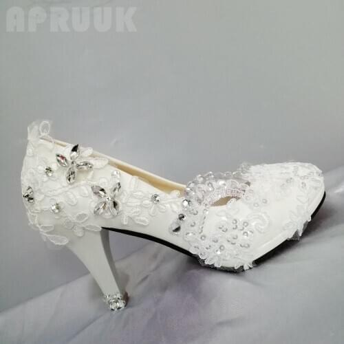 Plus size white lace wedding pumps shoes bride luxury lace sequines shinny silver crystal rhinestones applique bridal pumps shoe