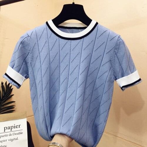2021 summer new arrival short sleeve o-neck patchwork sweater women fresh cute loose knitted pullover tops