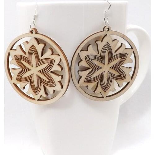 12 Pairs Good Quality Wood Earrings Organic Round Wood color Hollow Flower African Woman Wooden Brincos