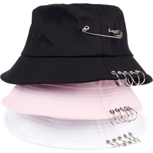 2021 Solid Color iron pin rings personality Bucket Hat cap for unisex women men cotton fishermen caps factory sells directly