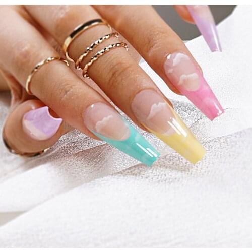24pcs Rainbow Colors Nails Patch Glue Type Long Paragraph Fashion Manicure Patch False Nails Patch Nails Accesorios