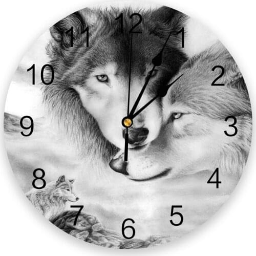 Black And White Animal Wolf Living Room Clock Wall Round Clocks Decor Home Bedroom Kitchen Decoration Wall Clocks