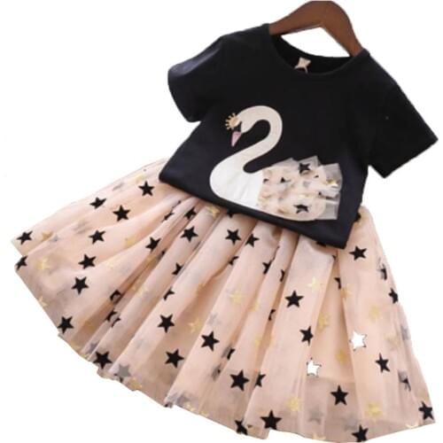 Children Clothing Swan T-shirt+Star Mesh Skirt 2pcs Outfit 2021 Summer Toddler Girls Clothes Suit Kids Tracksuit For Girls Sets