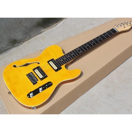 Factory Wholesale Yellow Color One f Hole Electric Guitar with 2 Open Pickups,Double-side Binding,Offer Customized