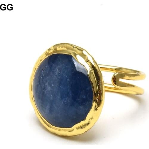 GuaiGuai Jewelry Natural Coin Blue Kyanites Gold Color Plated Filled Ring Adjustable Size Rings Luxury Style For Women