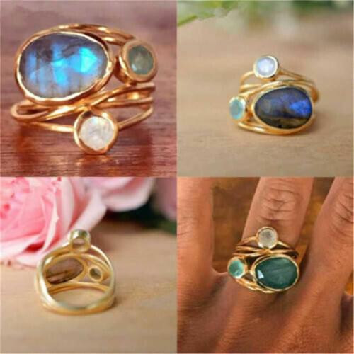 New creative inlay colorful moonlight stone ring womens new jewelry wedding ring size 6-10
