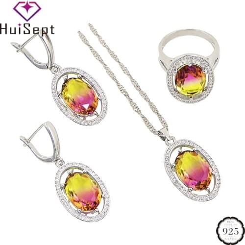 HuiSept Luxury Jewelry Set Silver 925 Jewelry Oval Colorful Topaz Gemstone Ring Earrings Necklace for Women Wedding Engagement