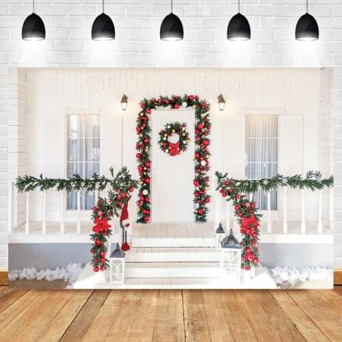 Laeacco Arch Wreath Christmas Decor Vinyl Backdrop Chic Wall Lantern Wooden Floor Baby Portrait Photography Background Poster