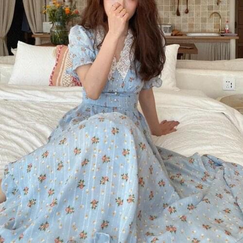 Summer Elegant Floral Chiffon Midi Dress Short Puff Sleeve V-Neck Lace Dresses Korean Style For Women