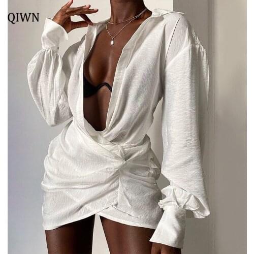 Linen Sexy Draped Mini Shirt Dresses Autumn 2021 Elegant Oversized Dress Wrap Ruched Shirts Dress Fashion Outfits