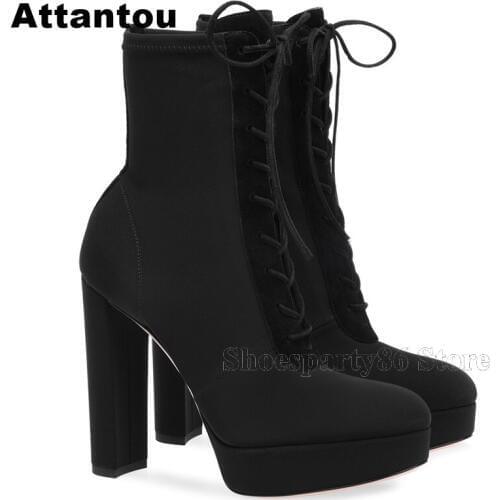Fashion Round toe Thick Platform Black Lace Up Women Winter Boots Block High Heels