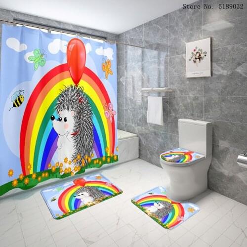 Cartoon Shower Curtain Hedgehog Butterfly Rainbow Waterproof Bath Curtain Toilet Lid Cover Dust Rug Mat Sets Kids Bathroom Sets