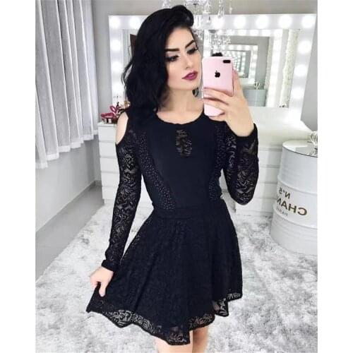 Newlife Summer Womens A-LINE O-Neck Long Sleeve Lace Black Celebrity High Quality Women Dress Evening Party Dress