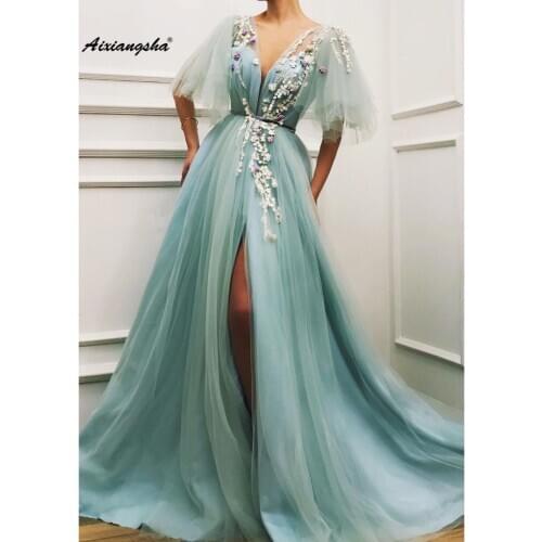New Mint Green Evening Dress V-Neck Half Sleeve Lace Appliques Split Charming Long Evening Dresses Special Occasion Dress