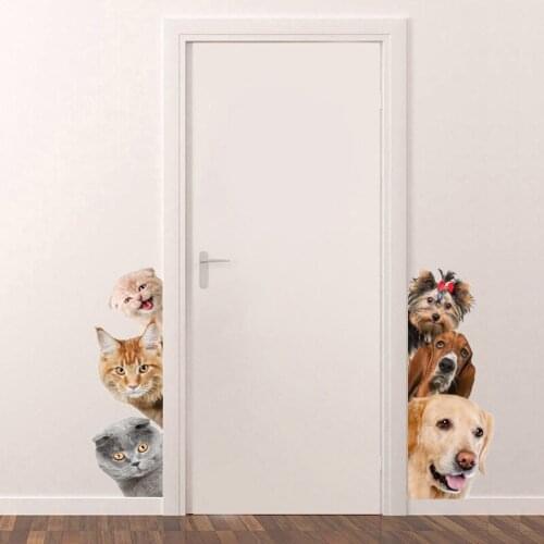 NEW Cute Funny 3D Cat Dog Door Wall Stickers Removable Sitting Room Porch Bedroom Wall Decals Animals Mural Art Wallpaper
