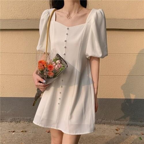 French Vintage Dress Female Summer Elegant Party Chiffon Dresses For Women Fashion Square Collar Puff Sleeve Short Dress