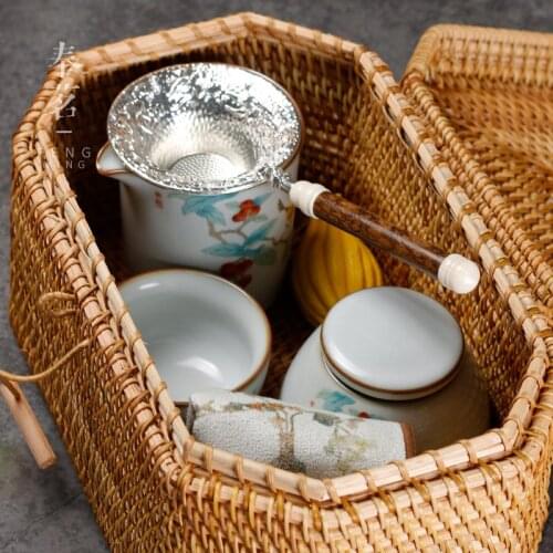 Handmade Vine Woven Storage Box Lifting Handle Portable Storage Box Shelf Storage Tea Ceremony Utensils