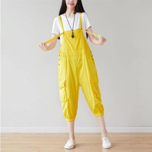 Simple Solid Color Adjustable Seven-point Jumpsuit Korean Vintage Distressed Washed Splicing Pockets Casual Trousers