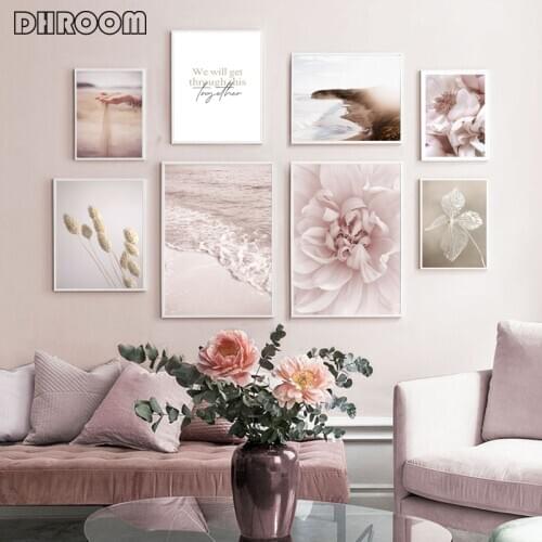 Scandinavian Canvas Painting Pink Flower Ocean Poster Print Nature Landscape Wall Art Photography Picture Modern Home Decoration