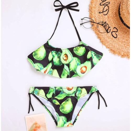 Flounce Girl Swimsuit Kids Avocado Print Girl Bikini Set 7-14 Years Two Piece Childrens Swimwear Halter Top Girls Bathing Suits