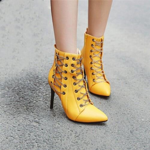 YMECHIC Plus Size Chain Cross Strap Pointed Toe Stiletto Heels Womens Ankle Boots Yellow White Black Red High Heel Party Shoes