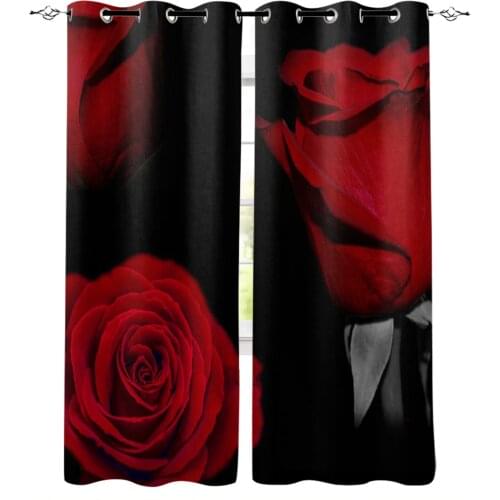 Red Rose Flower Black Blackout Curtains For Living Room Bedroom Printed Window Treatment Drapes Home Decor