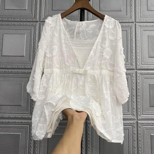 Womens white embroidered flower shirt mulberry silk lace silk shirt mulberry 70% silk top Women Silk Blouse