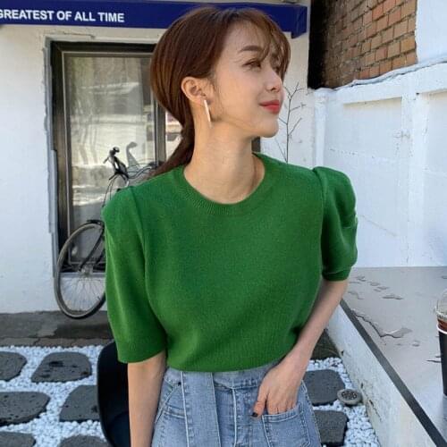 2021 Summer Sweet Casual O Neck Puff Sleeve Knitted T Shirt Female Streetwear Slim Green Short Sleeve Tees Top For Women