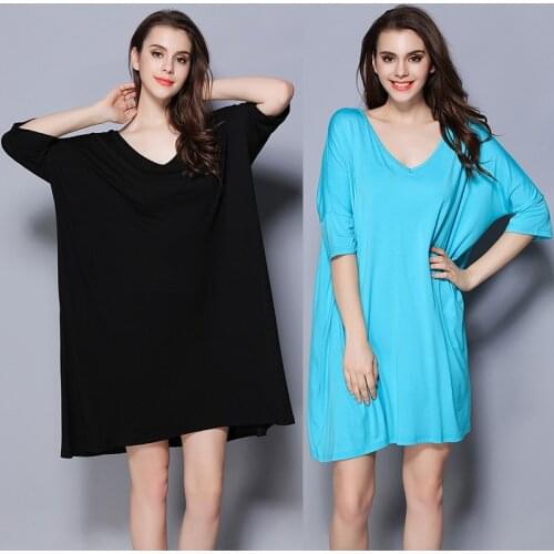 Women Modal Sleep Dress Summer Casual Nightwear V-Neck Solid Loose Nightdress Female Sleepwear Nightgown Home Clothes Plus Size