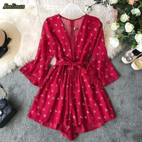 Smlinan Elegant Sexy Bohemian Bandage Jumpsuit Women Chiffon Red Playsuit Female Casual Beach Wide Leg Party Romper Woman